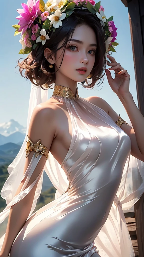 (She is wearing a wreath made of flowers on her head. :1.5),20-year-old(First Person), brake(Wide々Grassland : 1.5), (Mountains in the distance々exists :1.5),(Light from Heaven : 2.0),(SF masterpiece: 1.4),(8k, Surreal, Original photo, Highest quality: 1.4), Japan, Beautiful Face,brake(Smiling : 2.5), (True Face: 1.4),brake(Pink Hair, Long hair with soft curls: 1.5),brake(A gorgeous silk dress with separate top and bottom:2.0), More exposed skin :1.5,Realistic blue eyes, Beautiful details in the eyes, (Reality skin:1.3), Beautiful Skin, Charm, 超High resolution, Ultra-realistic, High resolution, Golden Ratio, (Detailed face: 1.4),white feathers grow,Wideがるロングヘアー,White transparent,Looking into the camera, brake (The silk dress is somewhat transparent:1.5), brake(Her legs are visible through her dress :2.0),(Shine the female body, (Beautiful appearance, Perfect female body,Slim build:1.5), Beautiful hands and fingers, (is looking up to the sky:1.5), (Mid-range long shot:1.5)