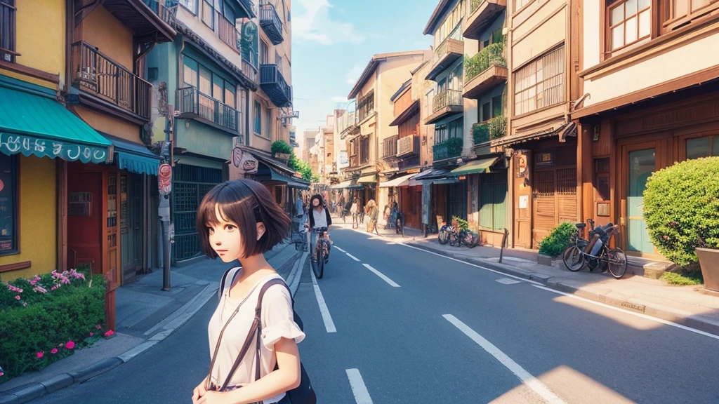 Ghibli style anime woman、Streetscape、Ghibli-style illustrations、City Pop、Early Afternoon、short hair
