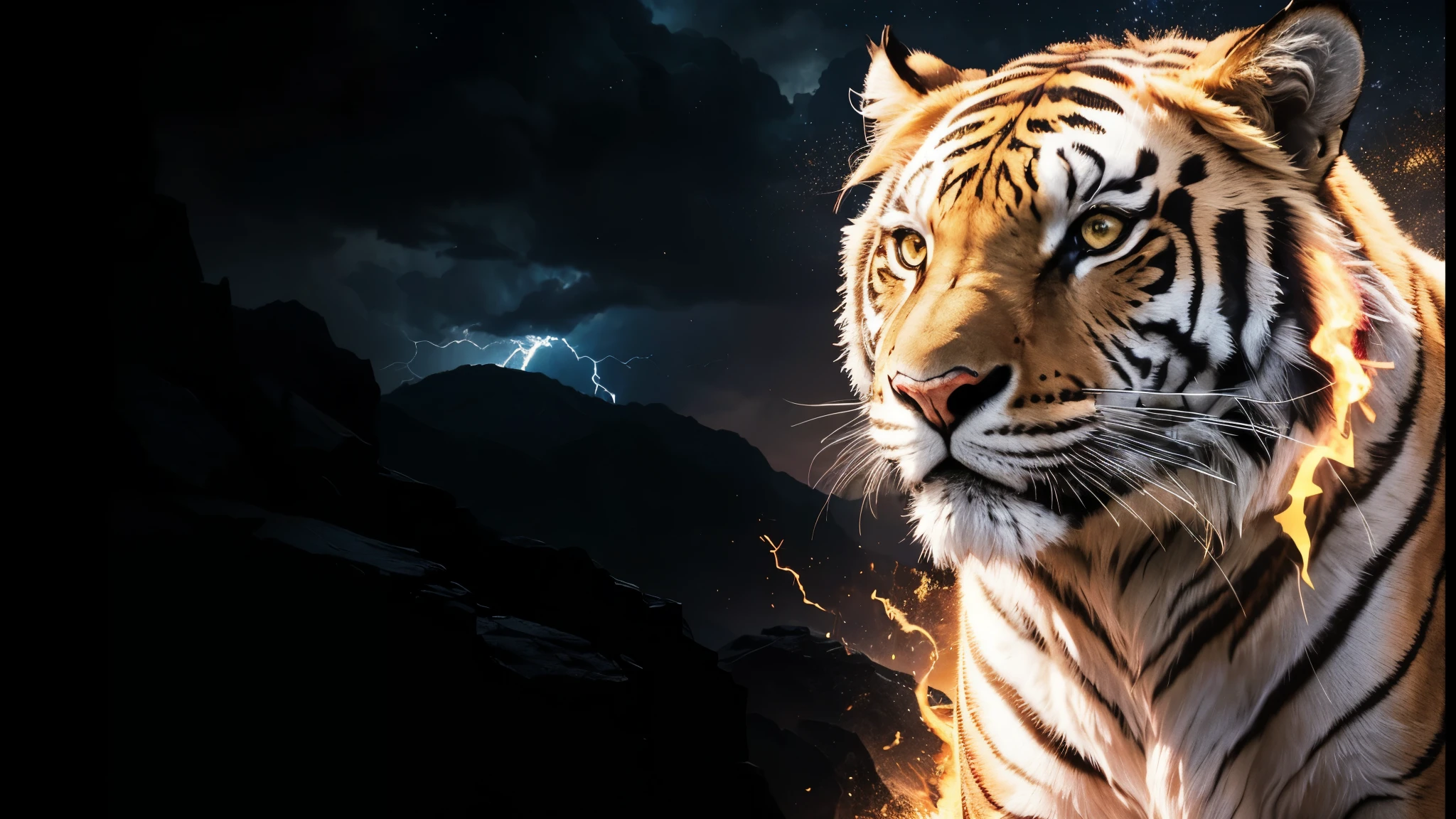 tigre, Divine tiger, naturals, naturals, ferocious, masculine, mighty, Golden and white tiger, Powerful Tiger, naturey bela, Great Realistic, FullHD 8k, Light of sky, sunset night, Clear sky Sun, golden black, black andwhite, black and gold, detailed realistic face, 8k Detailed Realistic White Tiger, ultrarealistic 8k |Energia de thunder realista detalhada, Strong Creature realista detalhada, Strong Creature, male lion, Rendering, Fotorrealista 8k, UltraHD Alta definição 8k, Detailed Realista 16K, Nitidez Fotorrealista 8k, 16K photorealistic textures, Contraste Fotorrealista 8k, Sombras Fotorrealistas 8k, Luzes Fotorrealistas 8k, Detailed Realistic Sunset, Detailed Realistic leão Face, Detailed realistic light, detailed textures, thunder, detailed shadows, detailed colors, Celestial Electricity, Golden thunder, Realistic Lion, Ultra Realista 16K, Realista 16K, Realista 16K sharpness, 16K photorealistic textures, 16K realistic colors, powerful creature, Majestic power, Power of Heaven, Great Divine, naturals, detailed contrast, realistic contrast, high resolution, detailed colors, fire, villany, divine creature, 8k, realistic detailed, 16K, 8k, High definition, detailed contrast, realistic contrast, high resolution, detailed colors, fire, villany, divine creature, Realistic Power, Realistic Tiger, naturals thunders, Strong Eyes, naturey, fire, Sky P9wer, Water Power, thunder, realistic detailed, chic, ferocious,