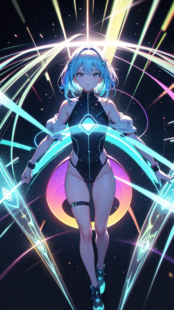 holography, draw in neon colors:1 girl:Future, transparent, Three dimensions, light, sf, digital art, Digital, scientific, dark background: electronic circuit: draw in neon colors, 3d, masterpiece, Digital space, energy, beautiful, masterpiece, 8k, light, be familiar with, lively, colorful, nice, beautiful, rich colors, beautiful Light Lines. magic effect, Sparkling, beautiful Light Grains
