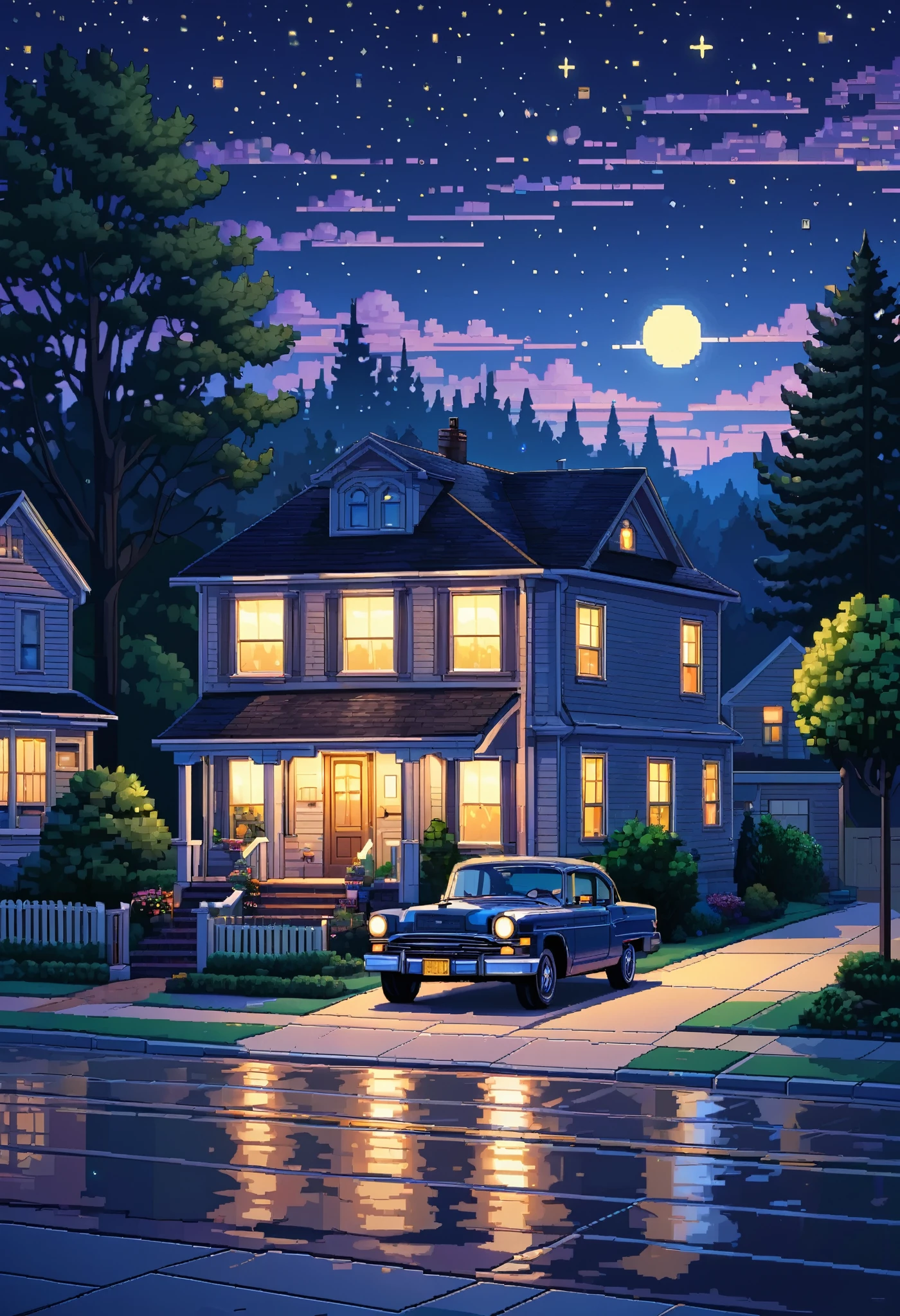 "Pixel art of a quiet suburban neighborhood street at dusk, with a vintage car parked in the driveway of a house. Warm lights glow from the windows, and a starry night sky twinkles above