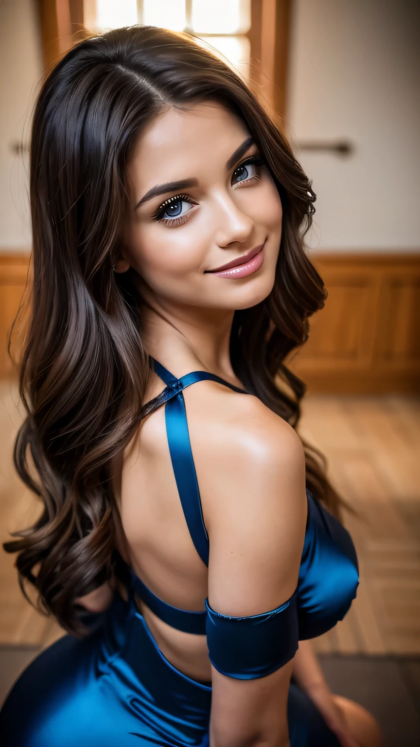 Realistic full body photo of a smiling brunette with long hair, She dances in front of the camera wearing an A-line dress with straps made of shiny dark blue satin, Tights, Park,glamour fotoshooting, Wedding celebration, perfect anatomy, perfect brown eyes. Perfect hands with 5 fingers on each hand, Matching girl, looking at the camera, 1 Frau. (Eye make up:1.1), (highly detailed skin:1.1), spirit, analog style, keen focus, 8K UHD, dslr, good quality, Fujifilm XT3, Grain, Award-winning, masterpiece. Wedding celebration