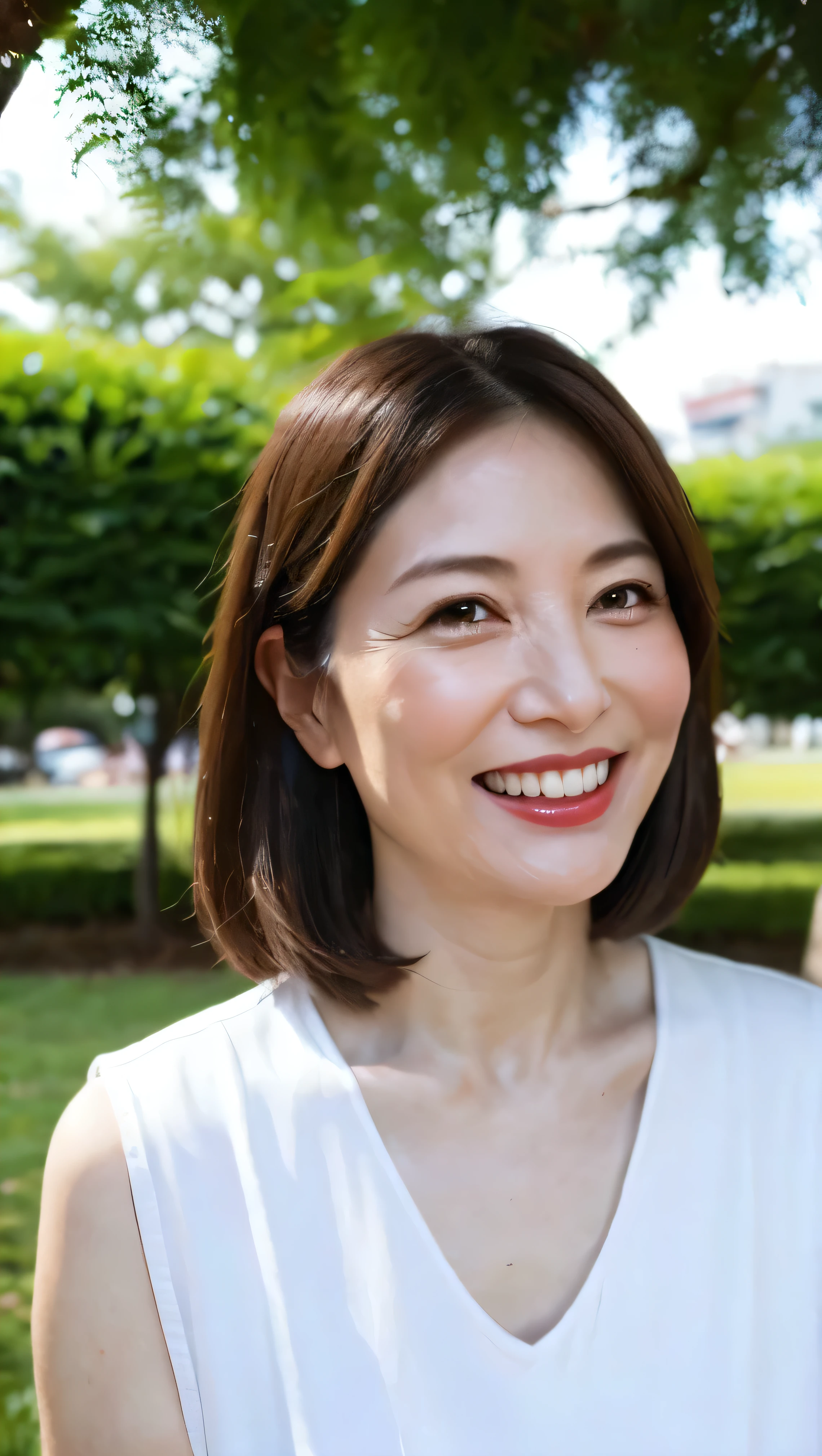 Standing in the park, Wrinkles around the eyes, Smiling with teeth showing, Plain short-sleeved clothing, senior citizen, Draw lips correctly, Red lipstick, No discomfort, 16K, Highest quality, Very detailed, Realistic, Very detailed肌, (Japanese), (alone), 60 years old, Large Breasts, , Glamour, sexy, Chromo White Skin, Staring straight ahead,