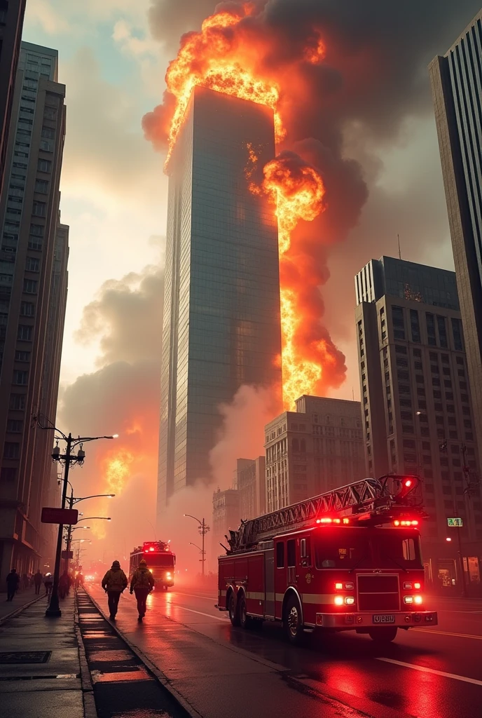 Car photography, fire truck, Ladder truck, Firefighting in a supertall building, Intense, gripping action and dramatic staging