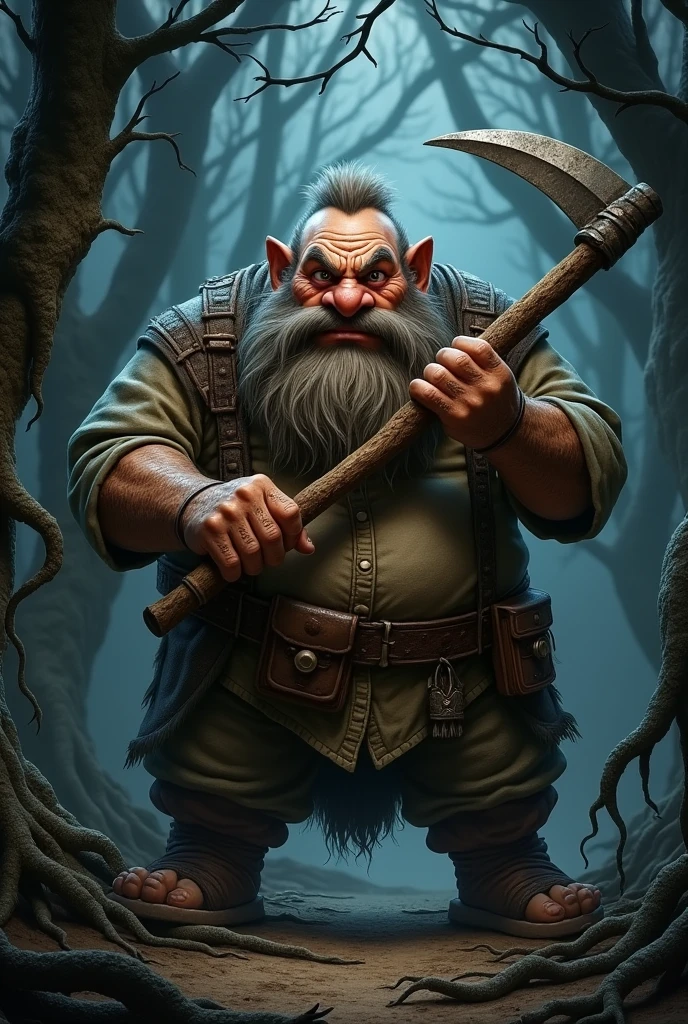 dwarf grump from snow white holding a sickle