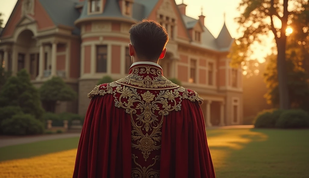 prince, standing in front of the house , Turn your back., Beautiful lighting.