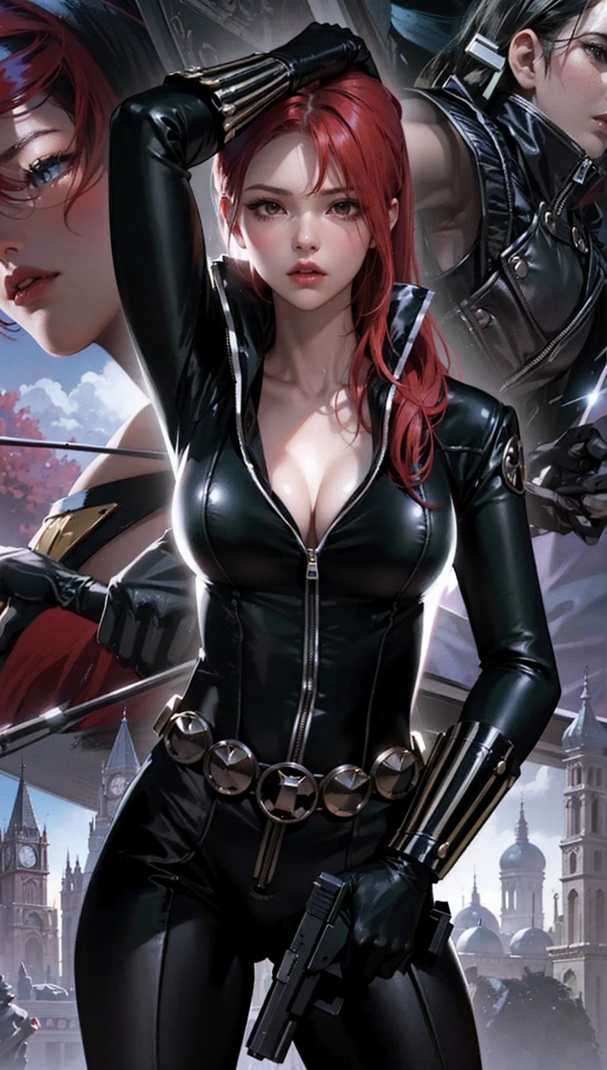 The image features a girl with long, bright red hair, dressed in a sleek skin-tight shiny black latex bodysuit with a deep-cut zipper neckline revealing a large chest, the silver zipper running down the front. The suit is complemented by her iron wrist guard on both wrists and a belt made of silver circles around her waist. She holds a gun in each hand in a ready position, while her other hand is touching her hair. Placed against a dark city backdrop, the scene includes buildings and might contain elements resembling a clock tower, suggesting an urban setting. This composition is emblematic of a superhero genre, highlighting central and ancillary characters, with an overtone of action and vigilance.