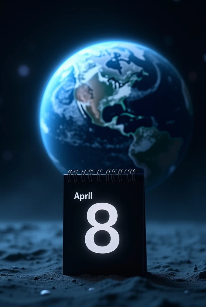 Black and white calendar marking April 8th with planet Earth in the background , blue space background