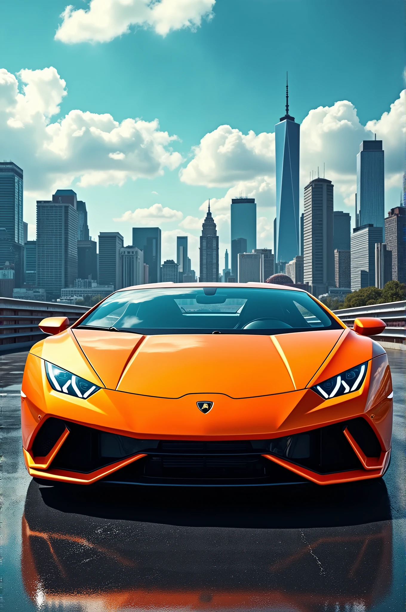An orange Lamborghini huracan performante sports car on a background of a beautiful city