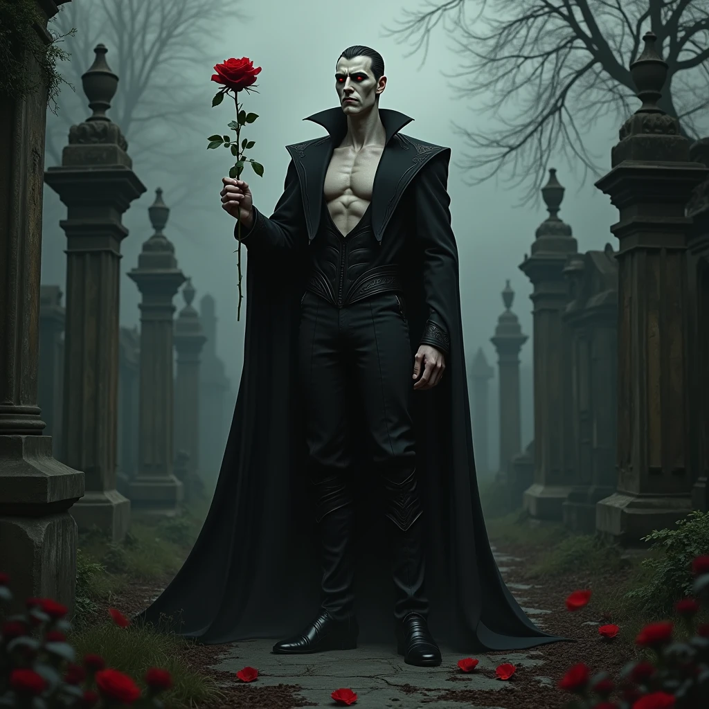 A strong vampire man in a cemetery holding a rose