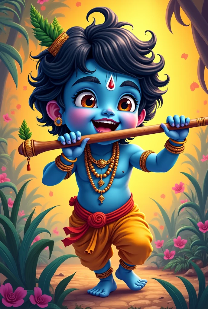 Little krishna God with fluet cheering every one in comic world