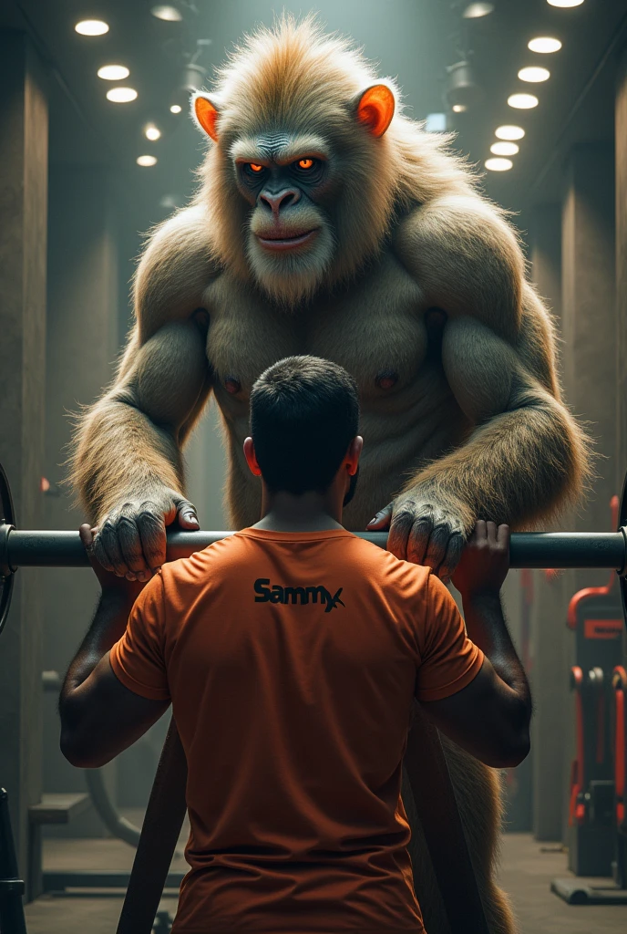 God Hanumanji in form of monkey and god helping a man in gym and sammyx is written on the back of tshirt which the men has worn
