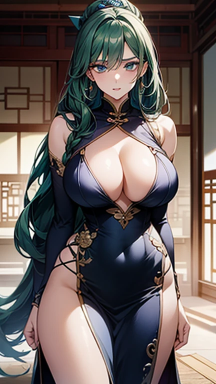 (art: 1.2), (best quality: 1.2) 1 woman, mature ager, 185 cm tall, appeared to be about 20 years old, had long hair as black as darkness, straight and shiny hair tied into a green jade hairpin in Chinese Taotist style, cold icy blue eyes are indifferent, extremely detailed eyes, perfect eyes, extremely realistic eyes, well-aligned eyes, long eyelashes, anime style, extremely beautiful face, indifferent face to the viewer, delicate and mature face, full lips, mature, fair skin, natural body, SEXY BODY, milf body, with one hand holding her waist, perfect hands, detailed hands, hands well proportioned to the body, realistic hands, arms with good anatomy, she wore a navy blue dress with a long skirt Chinese style decorated in gold and silver that still could not hide her extremely large and huge breasts that were hanging down due to her size, her were fully covered by the paia, thick thighs fully covered, wide hips, looking at the viewer with a cold facial expression is indifferent, background scene, in an oriental-style Chinese pavilion, posing alone Looking at the viewer.