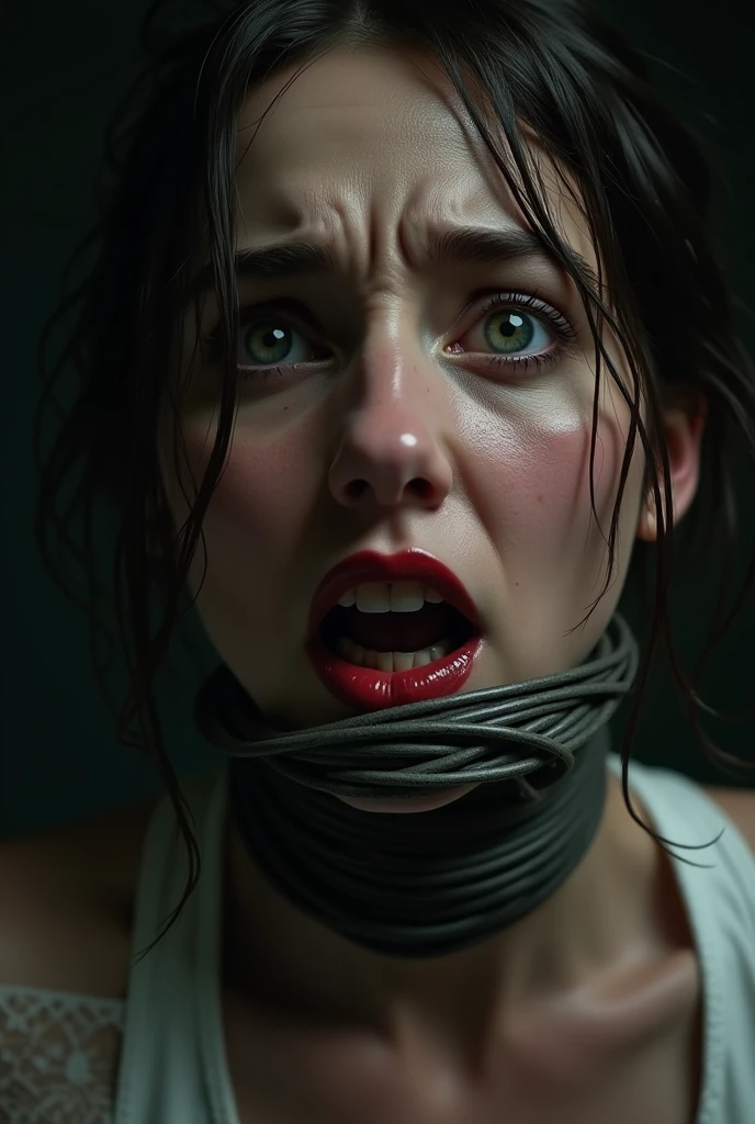 Close-up of woman strangled to death by cable, cable around her neck, choked by wires, Beautiful woman trying to breathe.