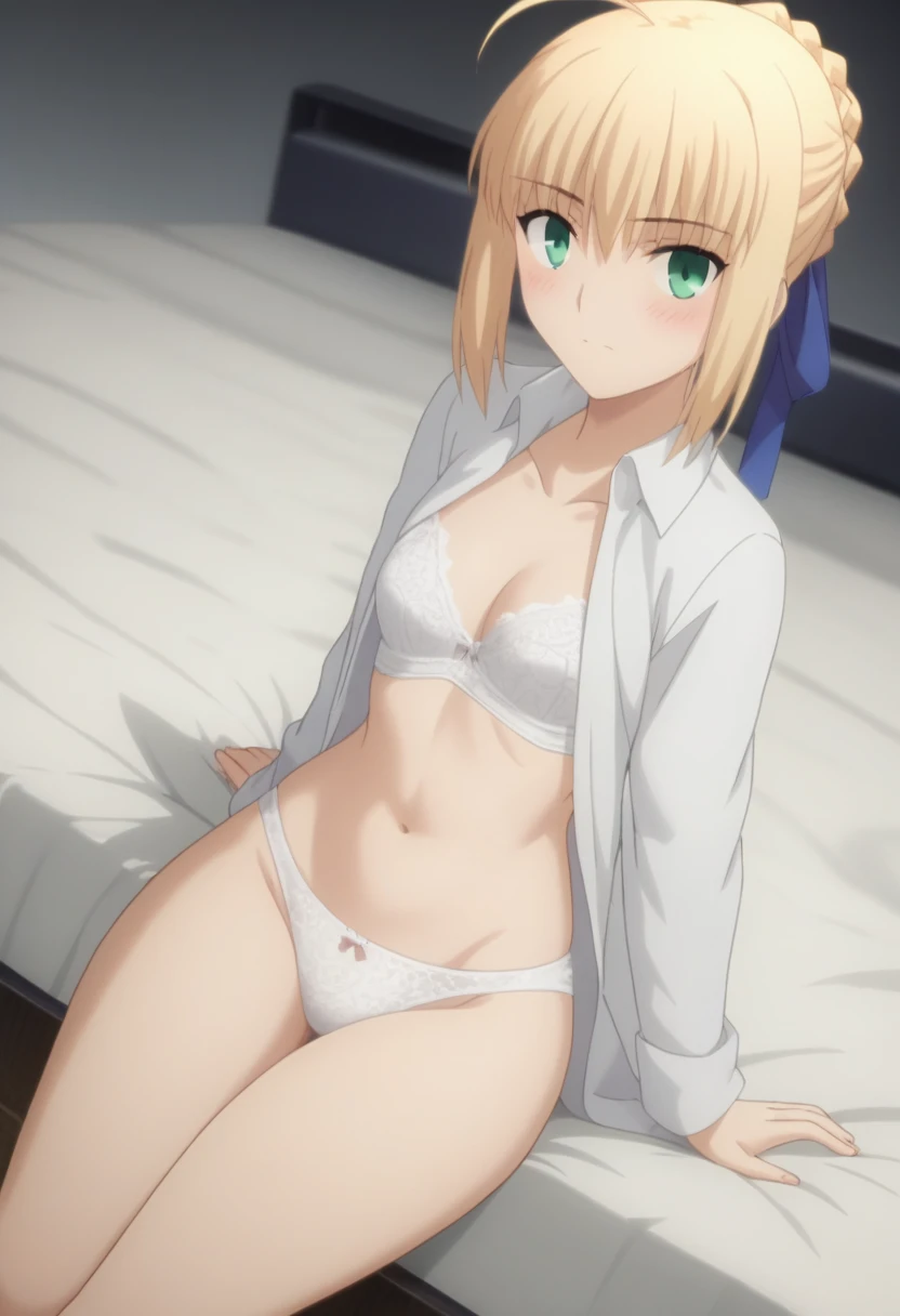 score_9, score_8_up, score_7_up, source_anime, rating_safe, intricate details, anime screencap, official style, looking at viewer, , ,
1girl, saber \(fate\), blonde hair, green eyes, ahoge, hair between eyes, braid hair, hair bow, solo, (Striped Glitter,Seraphic ,Hexagram ,Supersolid,Quantum entanglement,Self-healing Concrete,Acrylic Convection,Vibration,Mesmerizing,Enigmatic,Dodecahedron magic:1.0), fsn_ubw_style, alone, Dutch Angle, View your viewers, white full open shirt ,Cowboy Shot, navel, in beautiful bed, bed room , (white lace panties), blush, small breast, white lace bra, sitting