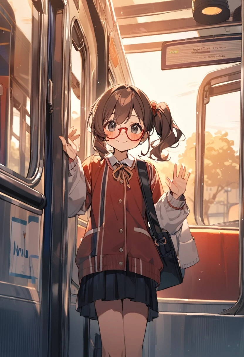 1girl,,brown hair,black eyes, red colored round eyewear, side ponytail,smile, blushful,A passenger leans out of a train window, waving goodbye as the train begins to move away from the station