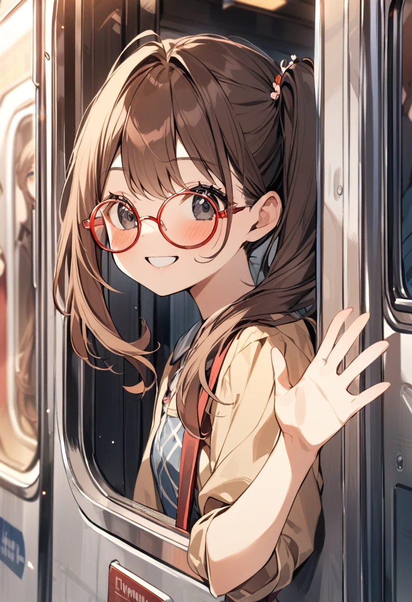 1girl,10yo,brown hair,black eyes, red colored round eyewear, side ponytail,smile, blushful,A passenger leans out of a train window, waving goodbye as the train begins to move away from the station