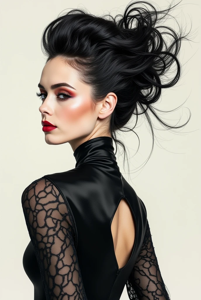 Make me a sketch of a hairstyle, for Carmen, a work of modern ballet and contemporary dance. I want a picture of a black suit vest but the neckline well covered