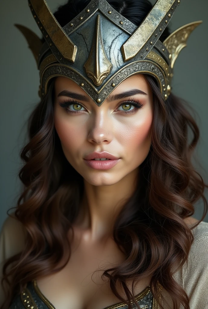 Portrait photo ultra réaliste d'une belle femme latine avec un casque et masque de Valkyrie, d'environ 30-35 ans. Cheveux bruns, légèrement ondulés, yeux vert-marron clair, charismatique et épique.