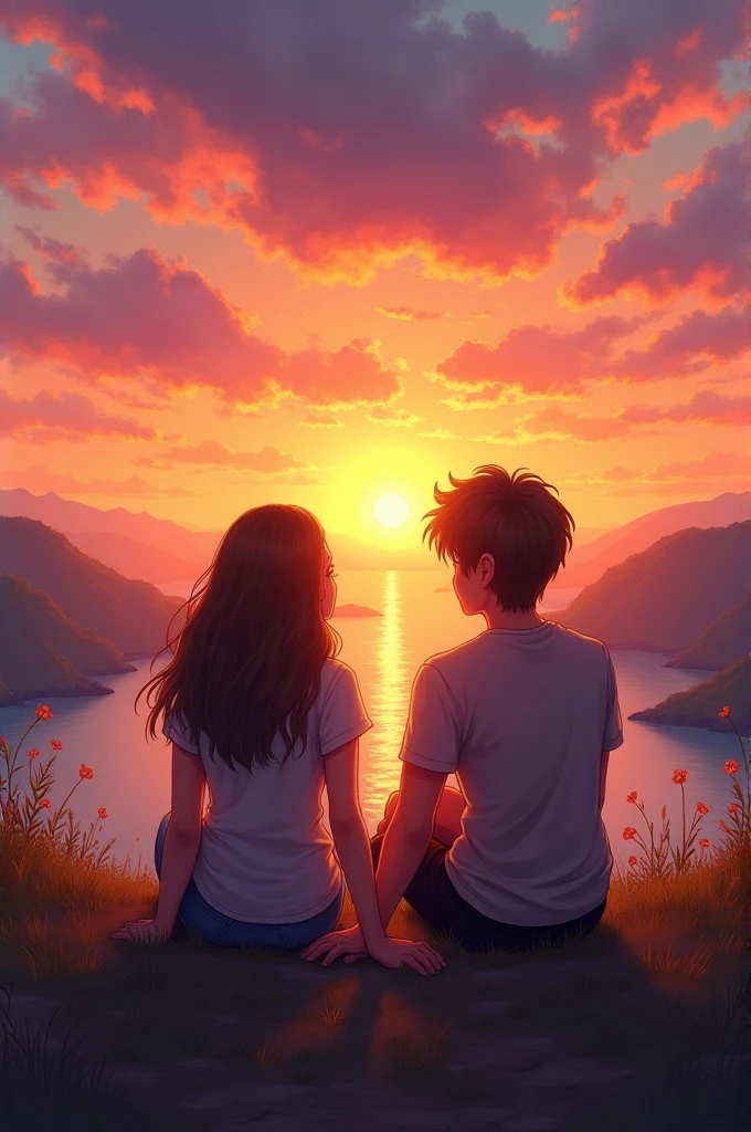 Make a picture of 2 best friends at a sunset 
