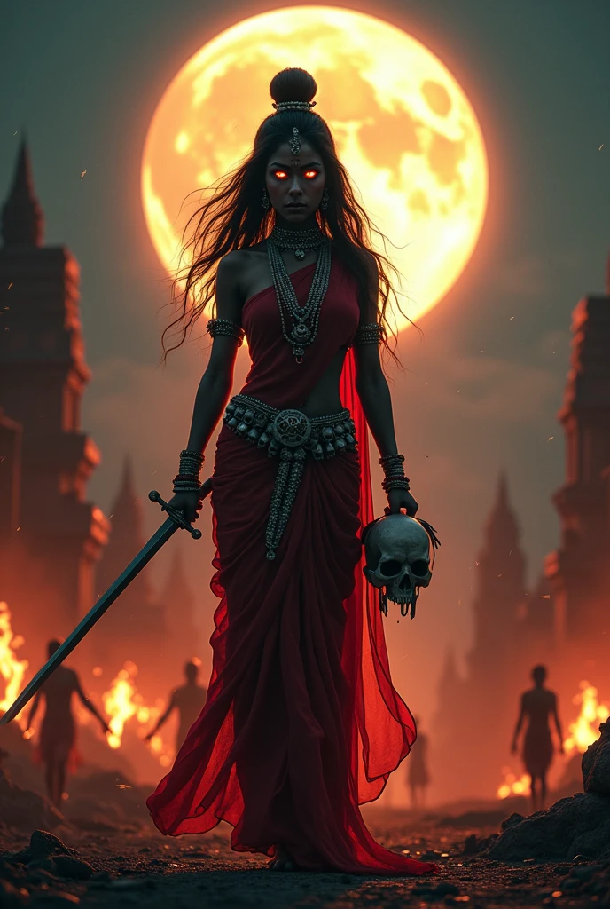 cinematic animated character art, shillouete of a woman dressed as godess Kali standing on street, wearing red saree, dark skin, glowing eyes, focused expression, wearing skull shaped garland and holding a sword and skull, village set on fire in background, temple ruins, Chaos, people running, moonlit night lighting, colour graded, vibrant, 4khd
