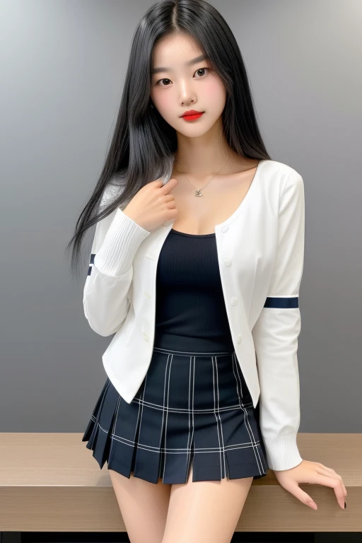20-year-old, korean girl, strikingly beautiful, black hair, big breasts, delicate facial features, red lips, ((black shoulder-length hair)), black hair, (snow-white skin colour), ultra finely detailed eyes (brown eyes colour), confident, beautiful, , slim body build, ((intricate detail)), super finely detailed hands, ultra finely detailed fingers(((ten fingers))), wearing navy stripe school blazer over white long sleeves school shirt with loosened bore,, plaid mini school skirt, black school sock, and black school loafers, (standing provocatively), (no logos on background), (no logo), ((plain background)), ((plain background)), (((empty background)))