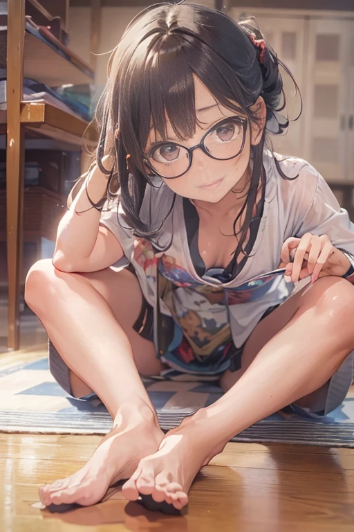 (best quality,4K,8k,highres,masterpiece:1.2),ultra-detailed,(realistic,photorealistic,photo-realistic:1.37),intricate details,natural lighting,soft muted colors,There is a woman sitting on the floor with her legs crossed..., Japanese Model, Wearing glasses on, Wearing square glasses, Young Sensual Gravure Idol, Yasumoto Oka, Genuine young gravure idol, Wear glasses, Surreal,Provocative,((Beautiful Skin)),((Skin Texture)),((Real Touch)), healthy, unreddish skin, Cute freckles on the cheeks,Mole under left eye,barefoot, The soles of the feet are visible,