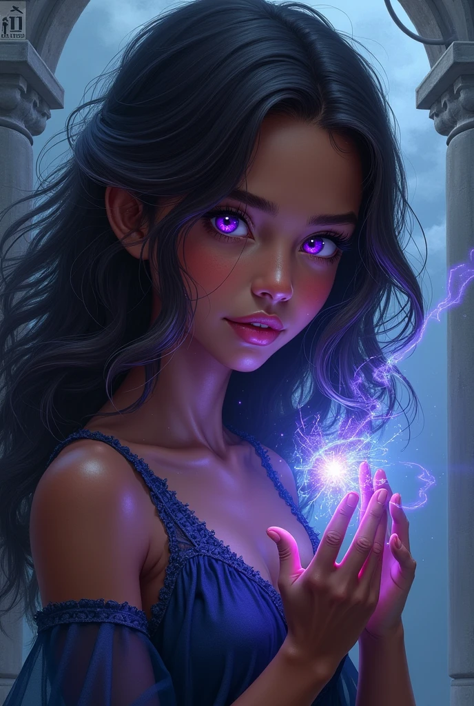I want you to make a cover of a fantasy story where the protagonist is a purple-eyed sorceress., Brown skin, dark brown hair and can&#39;t control her powers, that it looks artistic and that she is a teenager . Make it a simple cover and put a title "trapped in my nature",

