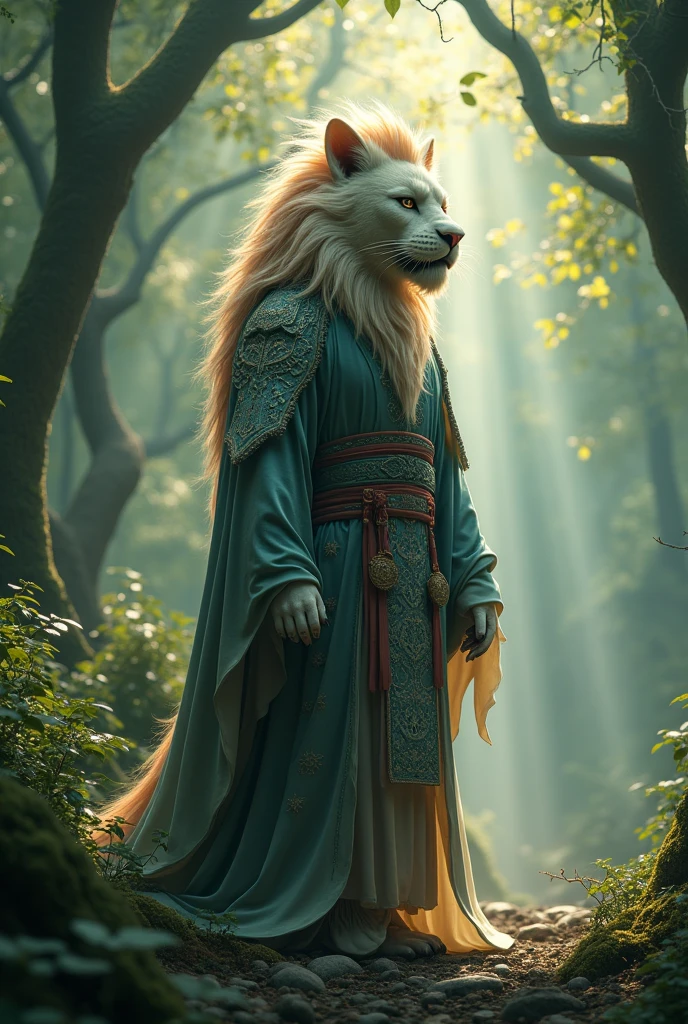 full-body shot，Lion&#39;s appearance，The human body，Ancient China，Lion spirit，(((sfw)))，Hunting in the deep woods，((Eating food，Waiting for prey to appear))， Lion spirit，Apparition，