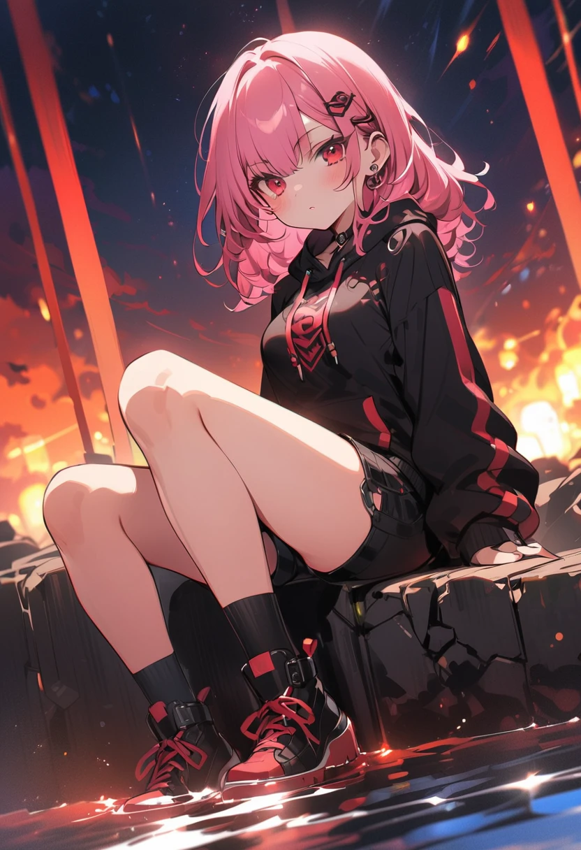 a girl with pale skin, short pink hair, intense red eyes, indifferent look, black sweatshirt, black shorts, black stockings, anime style