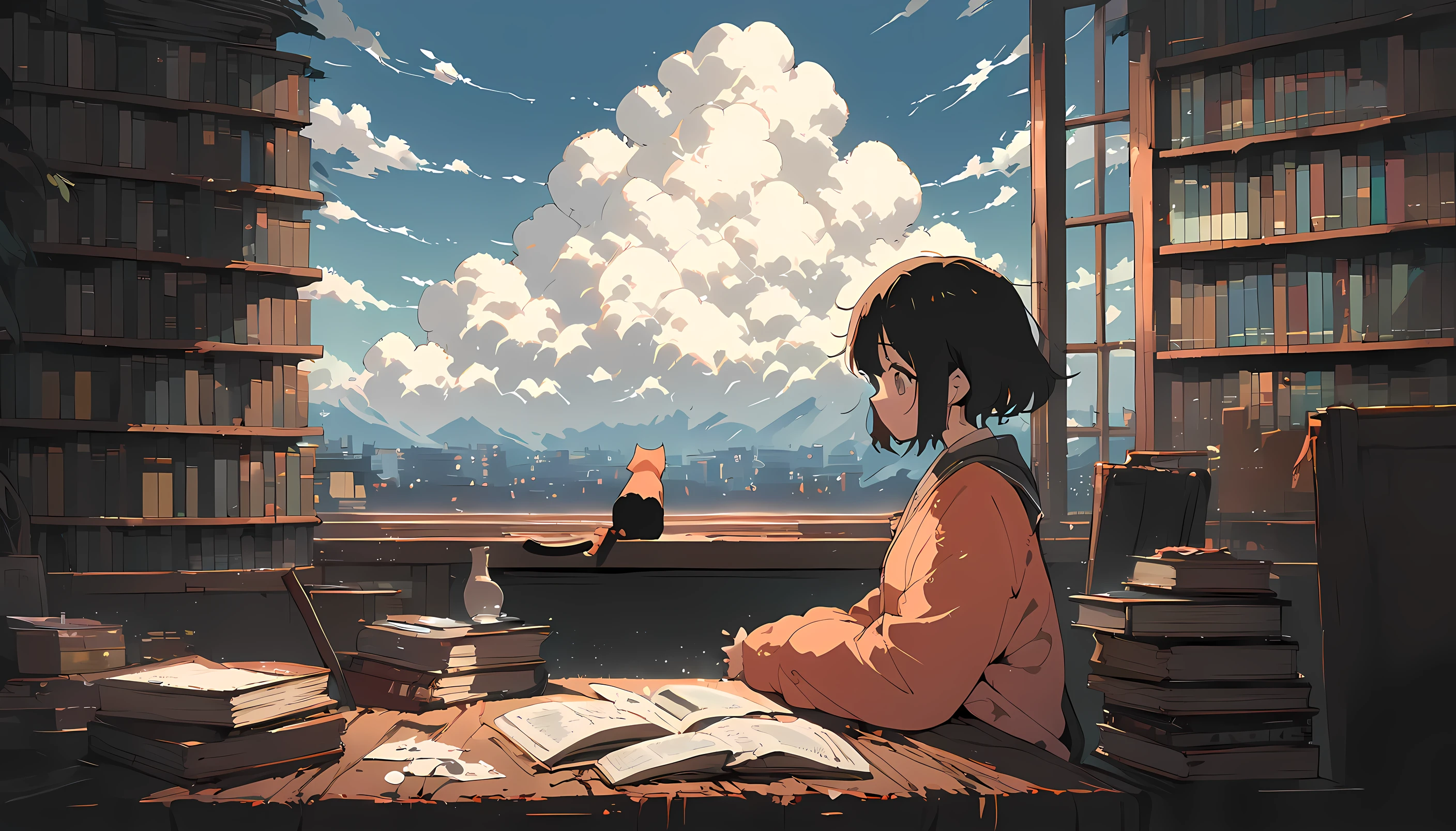 ((animé:1.4,illustration)),(chef-d'œuvre, qualité supérieure, Meilleure qualité),(ultra-détaillé, absolument résolution),((16k, haute résolution)), (((fille, étudier à la bibliothèque, chat, Ciel, Nuage cumulonimbus)) ((illustration de lofi confortable:1.4)), ((animé:1.4, illustration)),(chef-d'œuvre, qualité supérieure, Meilleure qualité),(ultra-détaillé, absolument résolution),((16k, haute résolution)) casser {art lofi, Style de Laurie Greasley, style de makoto shinkai, animé aesthetic}, casser { (produit des images contenant des informations de plus de 40 millions de pixels avec des textures détaillées de type cinématographique prises sur un reflex Sony).}