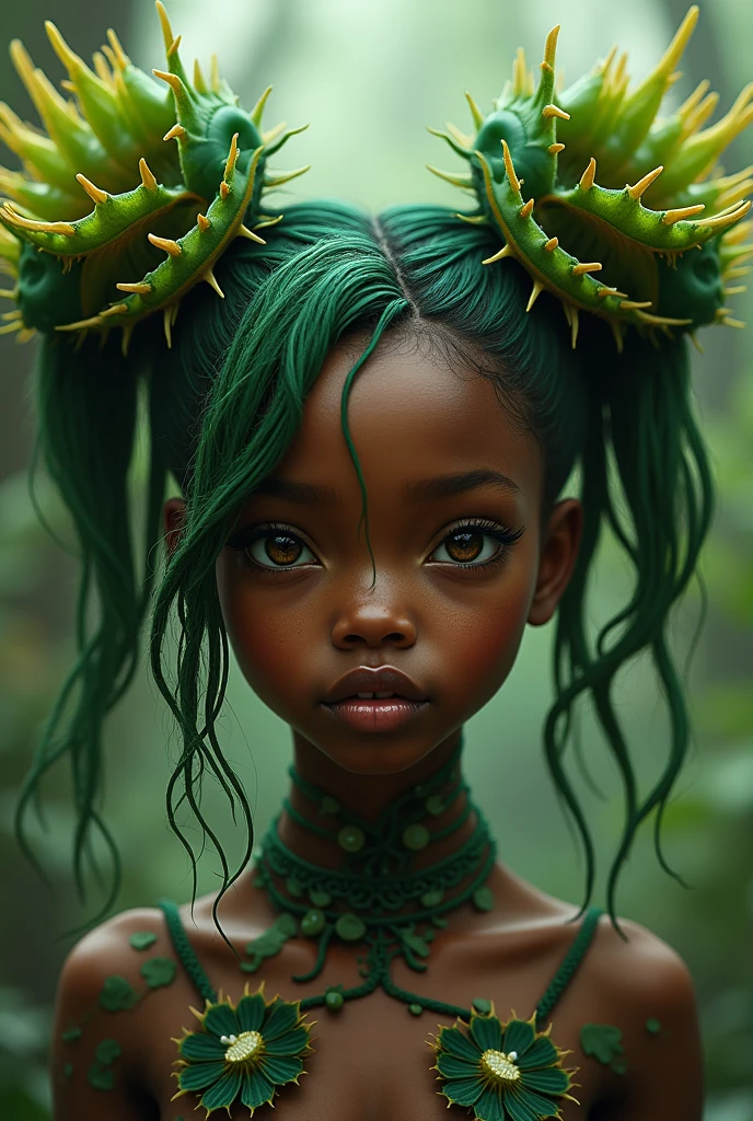 A young black girl with plant like hair, with two Venus-flytraps protruding from her hair like ponytails