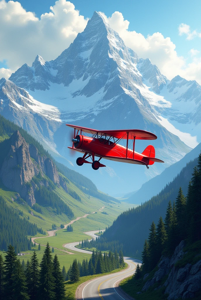 A mountain with a red pratik name plane driving in road