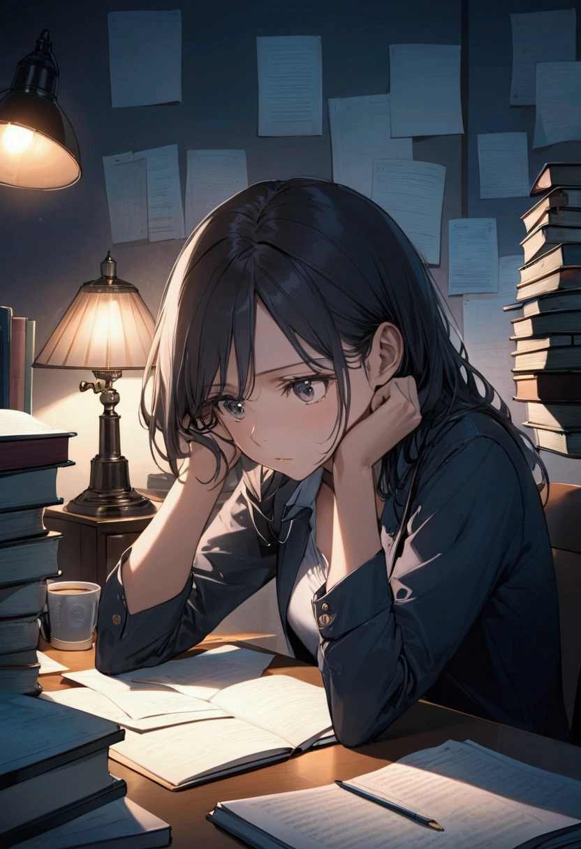 Late-Night Study Session: A young woman, tired yet determined, sits at a small desk late at night. The room is dimly lit by a single lamp, surrounded by textbooks, notes, and a cup of coffee. Her expression is one of focus and resolve.