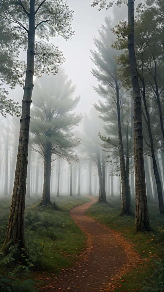 A mysterious forest with fog, detailed trees, glowing mushrooms, fairy lights, fantasy landscape, magical atmosphere, cinematic lighting, vibrant colors, digital painting