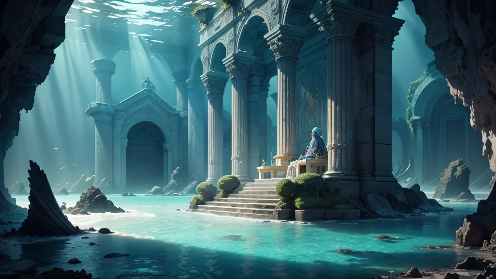 A grand, submerged throne room in an ancient underwater palace, with ornate, coral-encrusted columns and delicate sea flora. At the center, a regal figure—the Queen of Atlantis—sleeps peacefully on a throne draped in seaweed, her bioluminescent robes glowing softly. Mystical light from the surface creates a shimmering, ethereal effect. The background reveals the dark, expansive ocean with shadowy ruins and distant sea creatures, adding a sense of depth and mystery