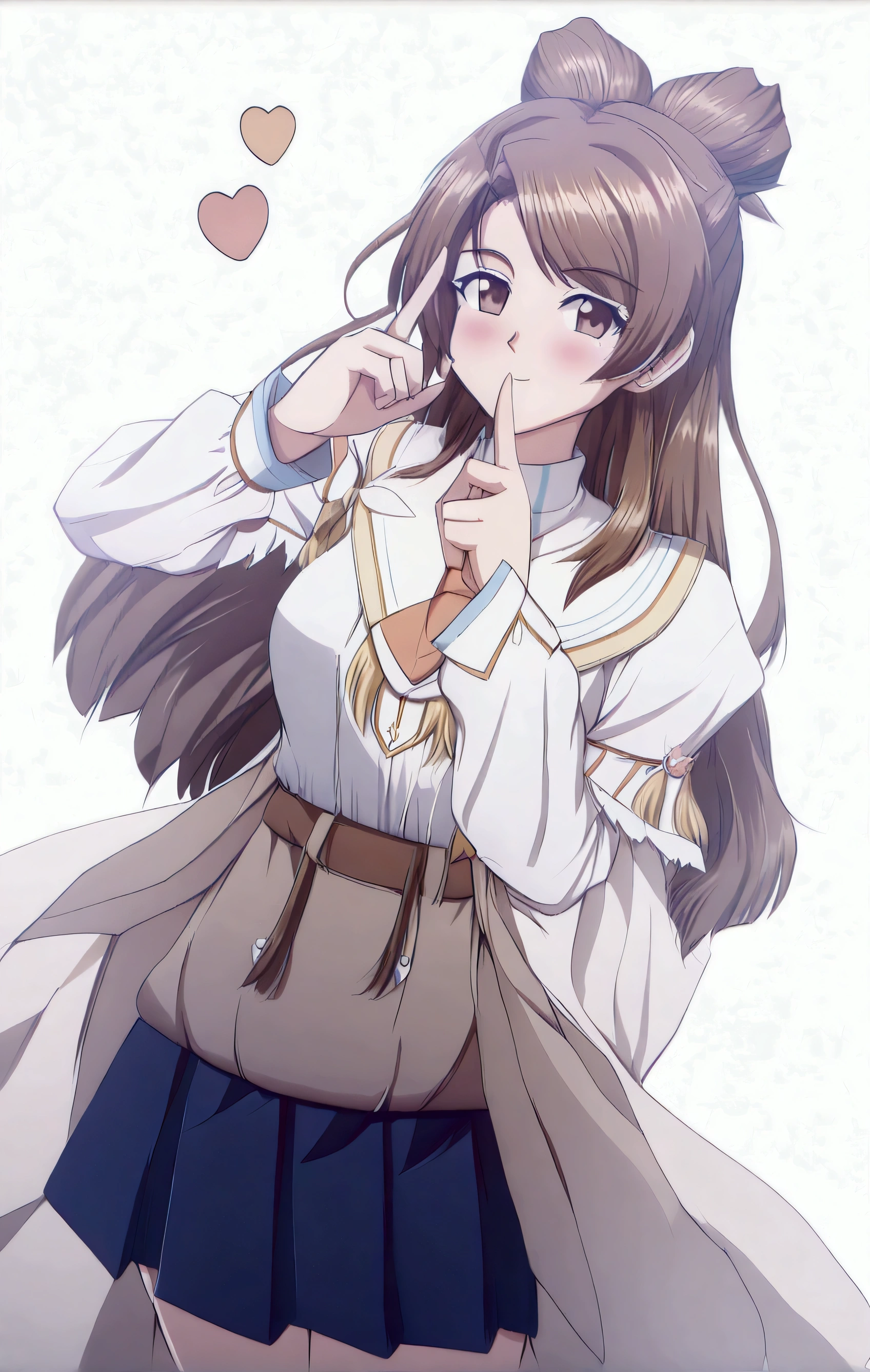 anime girl with brown hair and a white shirt and blue skirt, (hair swept bangs:1.3), (long brown hair:1.3), (Rinotuna artstyle:1.3), marin kitagawa fanart, with index finger, shirabii, wataru kajika, misato katsuragi, nishimiya shouko, hinata hyuga, zerochan art, pretty anime character design, render of april