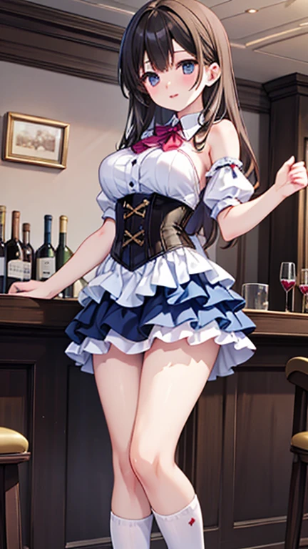 (masterpiece, Highest quality, Absurd, Game CG, figure, Very detailed), One person, alone, (mayu kuroe), Beautiful attention to detail, Are standing, Hostess Bar, wine bar, corset dress, No sleeve, Layered mini skirt, Thigh-high socks、Large Breasts