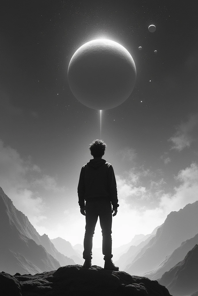 A adult standing backwards seeing sky , universel effect of Saturn or related to Saturn, Black and white image