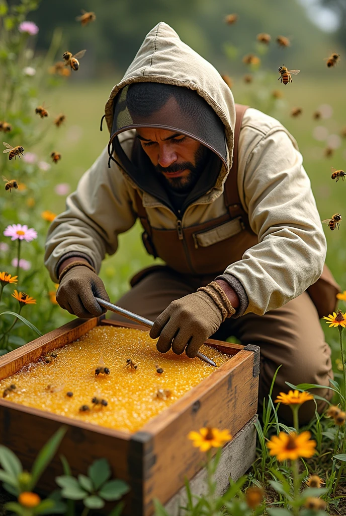 A man cutting behive
make bees appear