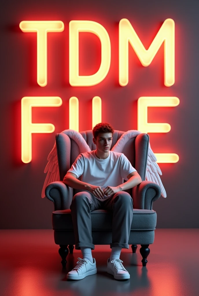) Create a 3D illusion for a profile picture where a 20 Year old danger single face headin
boy in a white shirt Sitting
casually on a Wingback chair. Wearing
sneakers, he looks ahead. The background features "TDM(••)FILE" in big and capital
Orange neon light fonts on the dark grey wall.
There should not be his shadow, and there are wings to make it appear as fi he is an angel.
