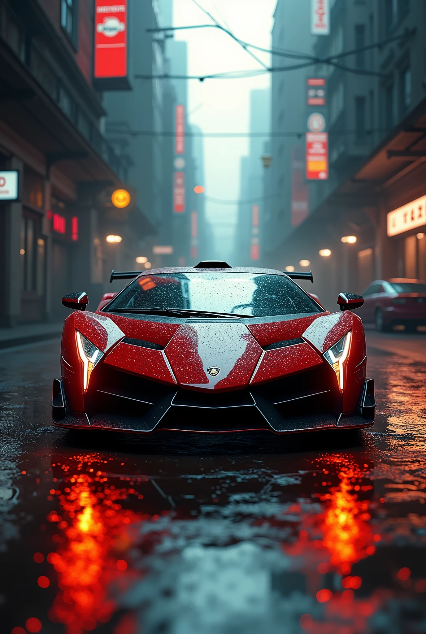 An intimate shot of a Dappled Light photo of cyberpunk car lamborgini veneno on the background of drak dirty style cyberpunk city in the syle by nicholas hiattcinematic, cinematic lighting, raytracing, 8 k, octane render, volumetric, vivid, beautiful, hyperrealism., dynamic lighting, optical art,