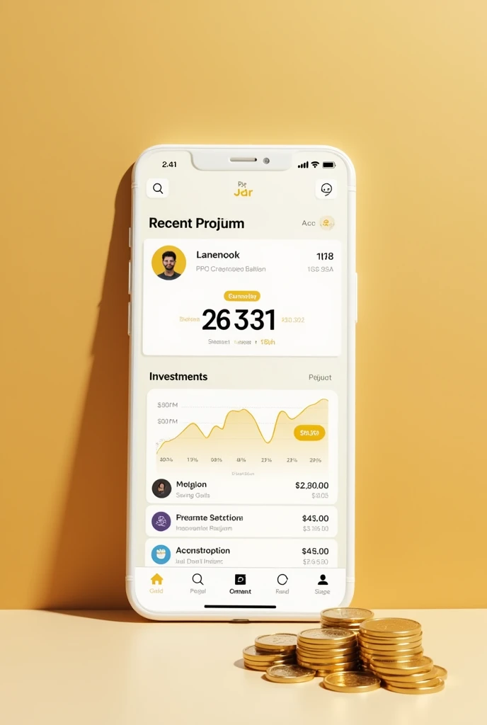 Generate a Screenshot image of the Jar Gold Savings app and also I should have 26331 INR invested in my jar balance, it should be in English 