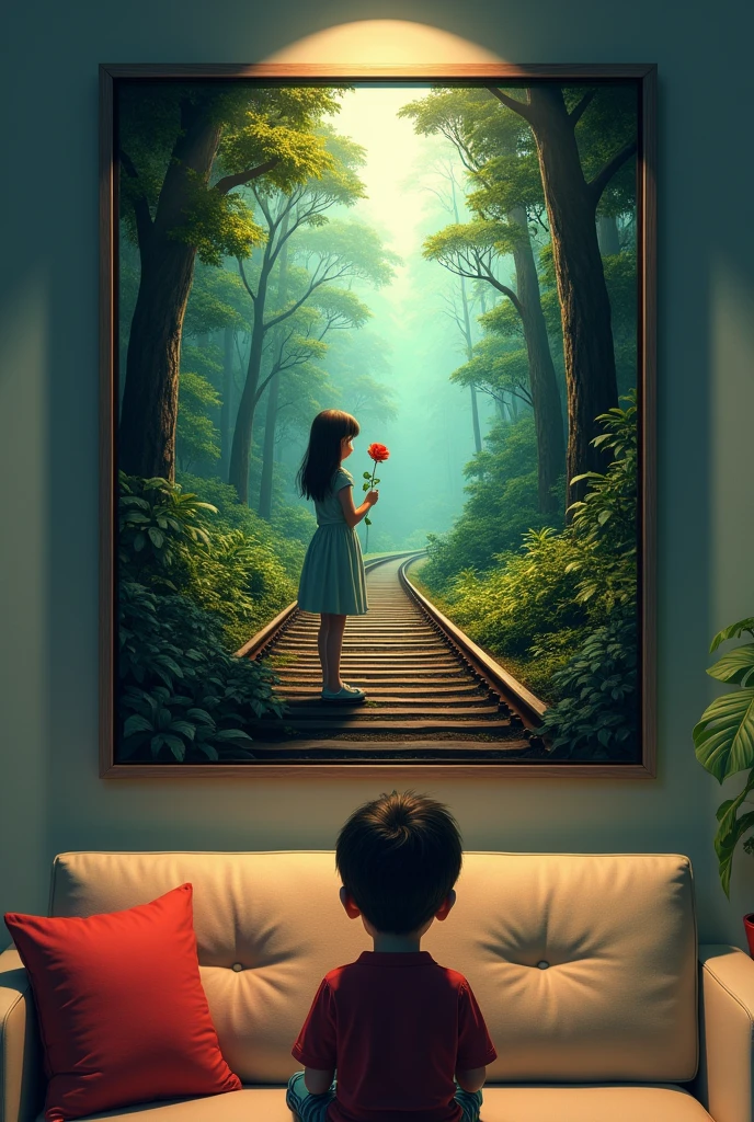 A wall where there is an art and this art is a picture of railway line gone through the jungle surrounded by lots of trees and beside this railway line,a girl is waiting holding rose.This picture is designed in the wall of a room, a boy is seeing this design setting on a sufa
