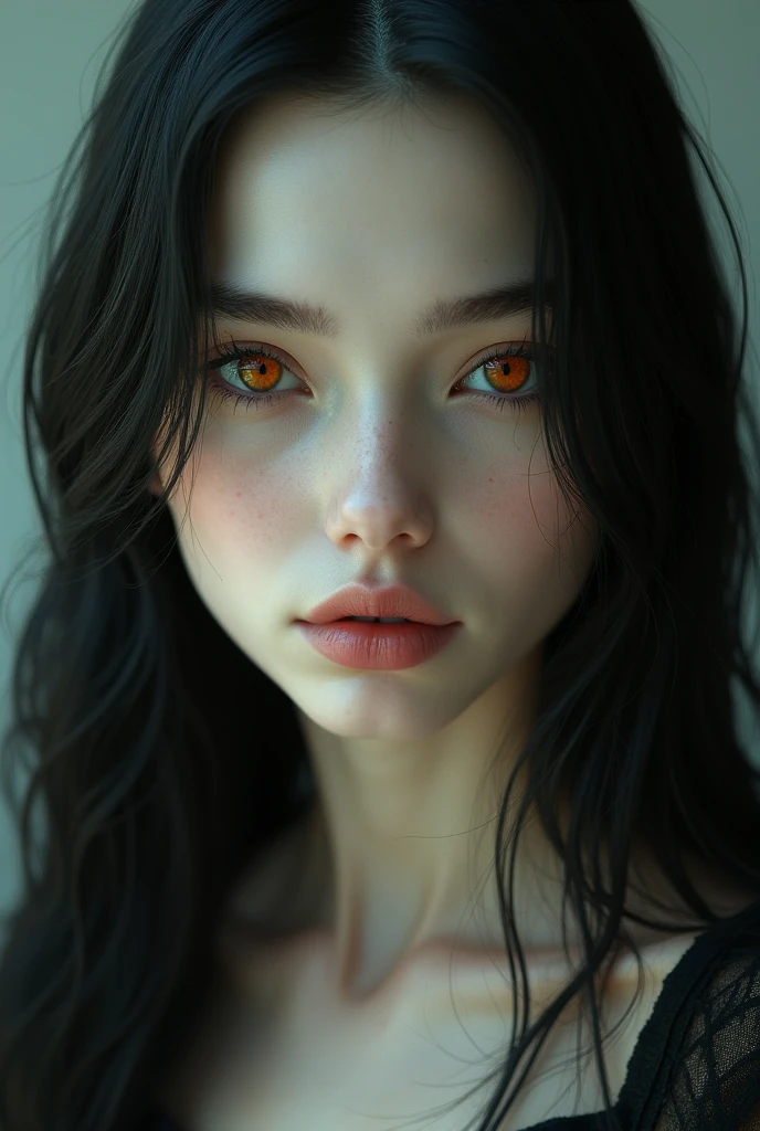 (photorealism:1.2), young woman, White skin, European long straight black hair, slim, face heart, fine features, Orange eyes with emerald green streaks, vampire aspect