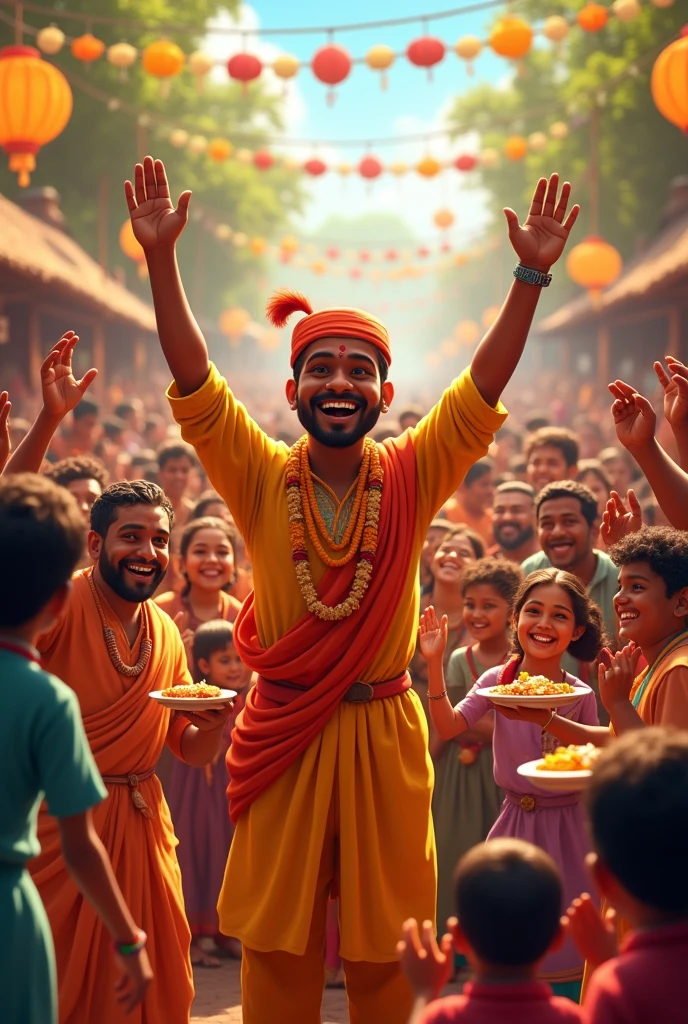 Capture a scene of the village celebrating Babu’s success. Show people gathered together, with Babu in the center, enjoying the festivities and receiving compliments.