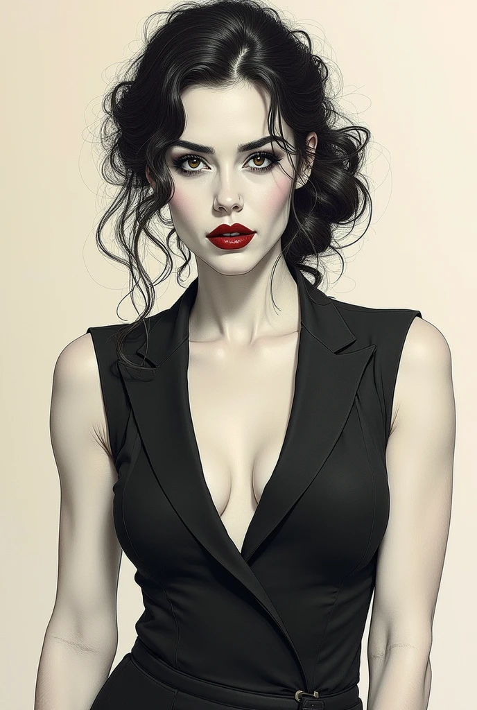 Make me a sketch of a hairstyle, for Carmen, a work of modern ballet and contemporary dance. I want a picture of a black suit vest but the neckline well covered, sleeveless, image seen from the front
