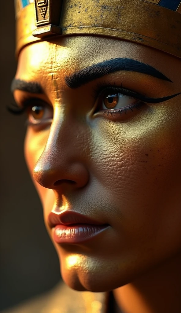 Create an ultra-detailed close-up portrait of Atum, the primordial deity from Egyptian mythology. He should be depicted with a regal and majestic appearance, with a golden crown, deep-set eyes, and a strong, divine expression. His skin should have a golden hue, and his features should be highly detailed, showing intricate textures and subtle light effects. The background should be softly blurred to highlight the face. Use masterpiece, best quality, CG, HDR, high quality, ultra detailed face, cinematic, high detail, 8k, raw, high, artstation HQ, unreal engine, octane renderer, 4k resolution, hyperrealistic, highly detailed, and absurdres settings."