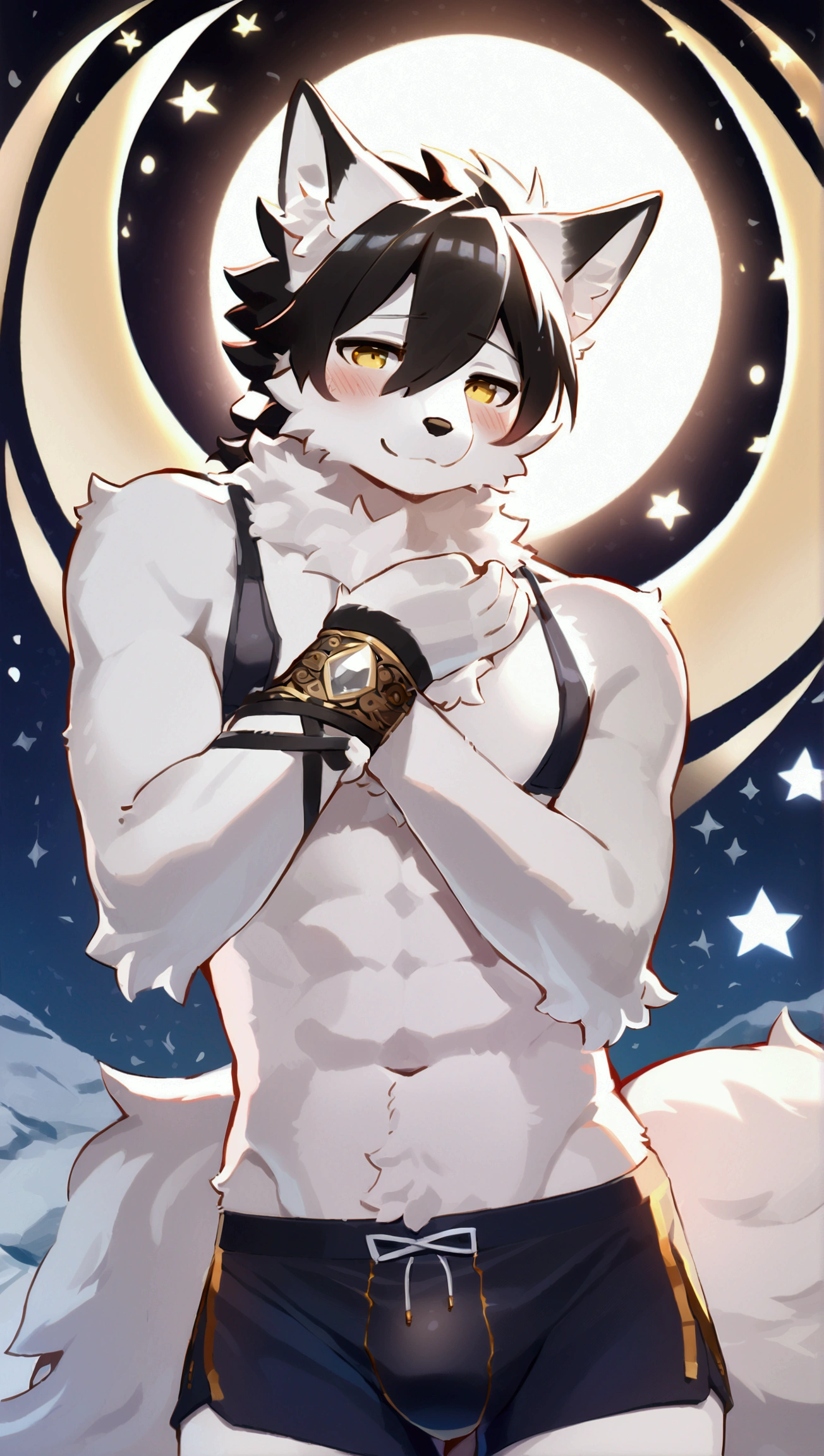 (top quality, best quality, High-quality illustrations, masterpiece, 16k, 1080p, uploaded on e621)(kemono, furry, anthro, alone), round, 1 male, hot father figure, slim body, very detailed body face and eyes, white fox, Tiare, (Alchemy Stars), white fur, fluff, tail, perfect eyes, yellow eyes, black hair, beautiful winter male swimwear, winter jewelry, beautiful night, body movement, body twitching, shy smile, red blushing,