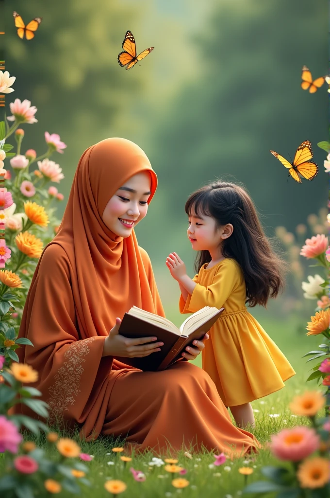 a beautiful Indonesian woman, 2, wearing an orange robe with motifs, a matching long hijab sitting on a grass, both hands opening a brown book, smiling beautifully at the camera. Beside him was a girl, shoulder length black hair, wavy, wearing a knee length yellow dress, running around chasing butterflies flying around the beautiful flowers around them. with a flower garden in the background with green grass and several beautiful flower plants. Relax pose, photo shoot, camera from above, face realistic focus, realistic pink lipstick, focus, 5D 8K